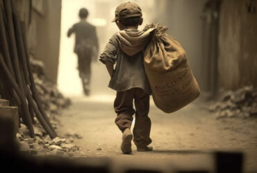 Generative AI of a poor child carrying a bag, image representing